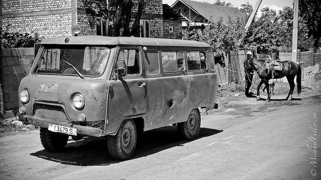 mountain rescue trucks and horses in Kyrgyzstan